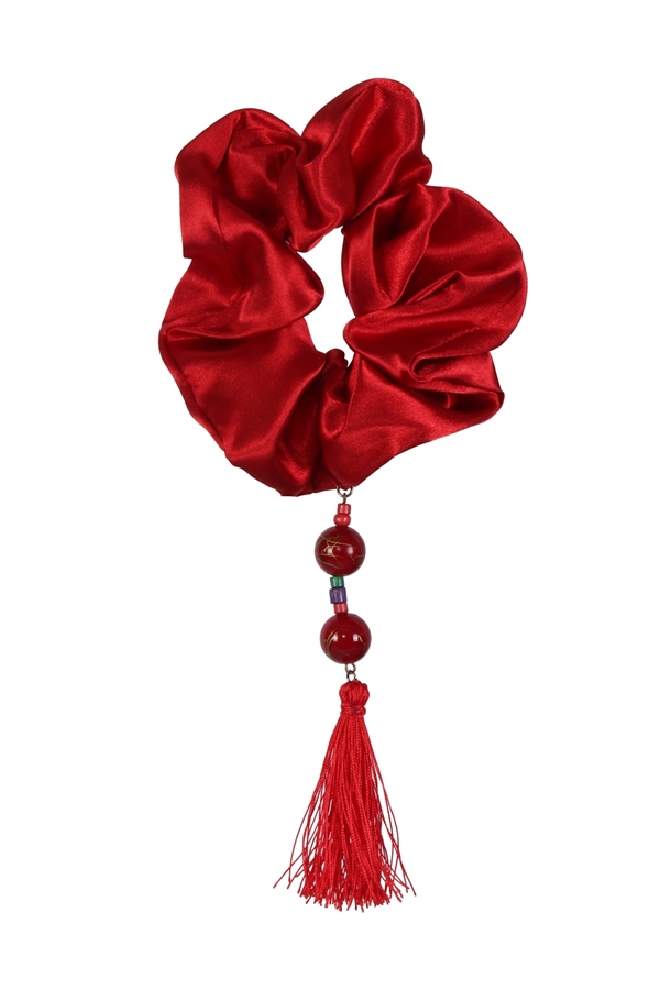 hahai accessoriesKadın Boncuklu Püskül Detaylı Kırmızı Scrunchie Toka