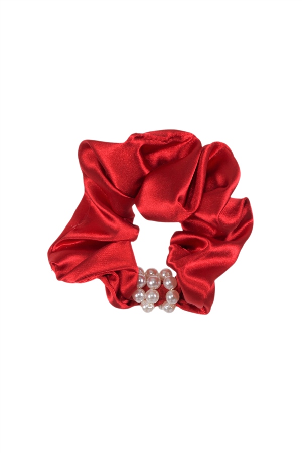 hahai accessoriesKadın İnci Boncuk Detaylı Kırmızı Scrunchie Toka