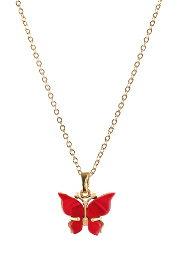 Kadın Altın Renk Kaplama Kırmızı Sedef Taşlı Kelebek Figürlü Zincir Kolye