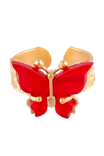 LabalabaKadın Altın Renk Kaplama Kırmızı Sedef Taşlı Kelebek Figürlü Ayarlanabilir Yüzük