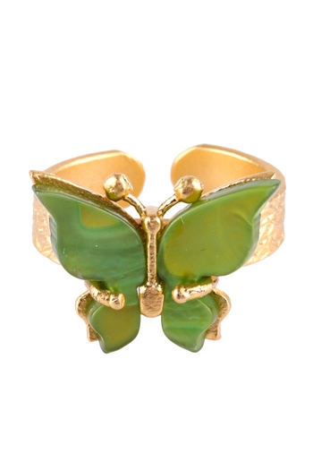 LabalabaKadın Altın Renk Kaplama Yeşil Sedef Taşlı Kelebek Figürlü Ayarlanabilir Yüzük