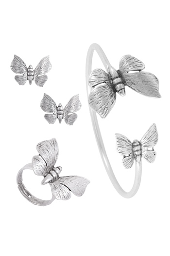 Kadın Antik Gümüş Kaplama Ayarlanabilir Kelebek Bileklik&Küpe&Yüzük 3Lü Set