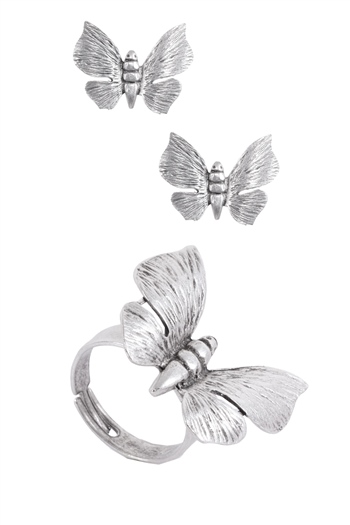 Kadın Antik Gümüş Kaplama Ayarlanabilir Kelebek Küpe&Yüzük 2Li Set