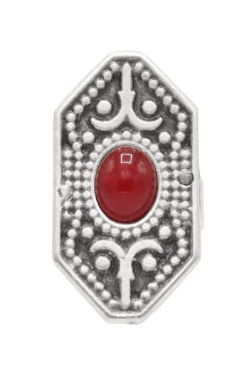 LabalabaKadın Antik Gümüş Kaplama Kırmızı Boncuk Detaylı Ayarlanabilir Otantik Yüzük