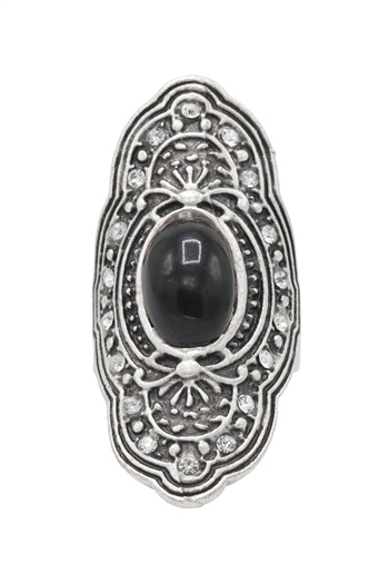 LabalabaKadın Antik Gümüş Kaplama Siyah Boncuklu Zirkon Taş Detaylı Ayarlanabilir Yüzük