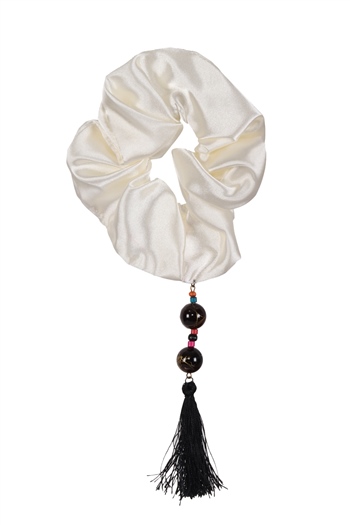 hahai accessoriesKadın Boncuklu Püskül Detaylı Kırık Beyaz Scrunchie Toka