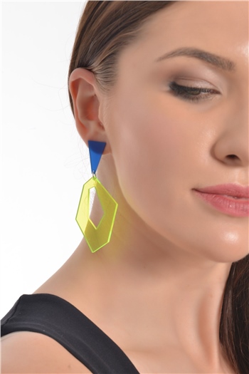 Kadın Mavi & Neon Sarı Pleksi Çivili Model  Tasarım Asimetrik Küpe